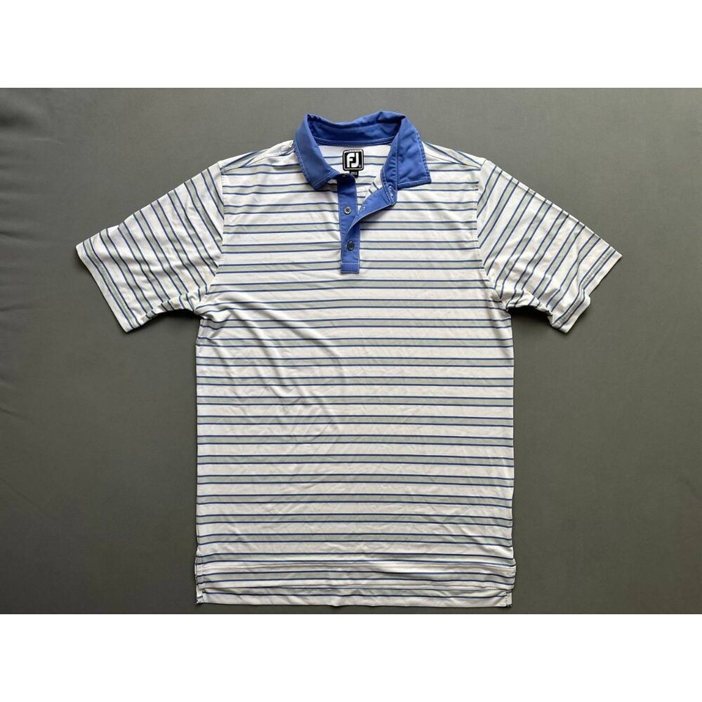 FJ FootJoy Striped Blue Green White Mens L Performance Golf Golfer Sporty Polo S